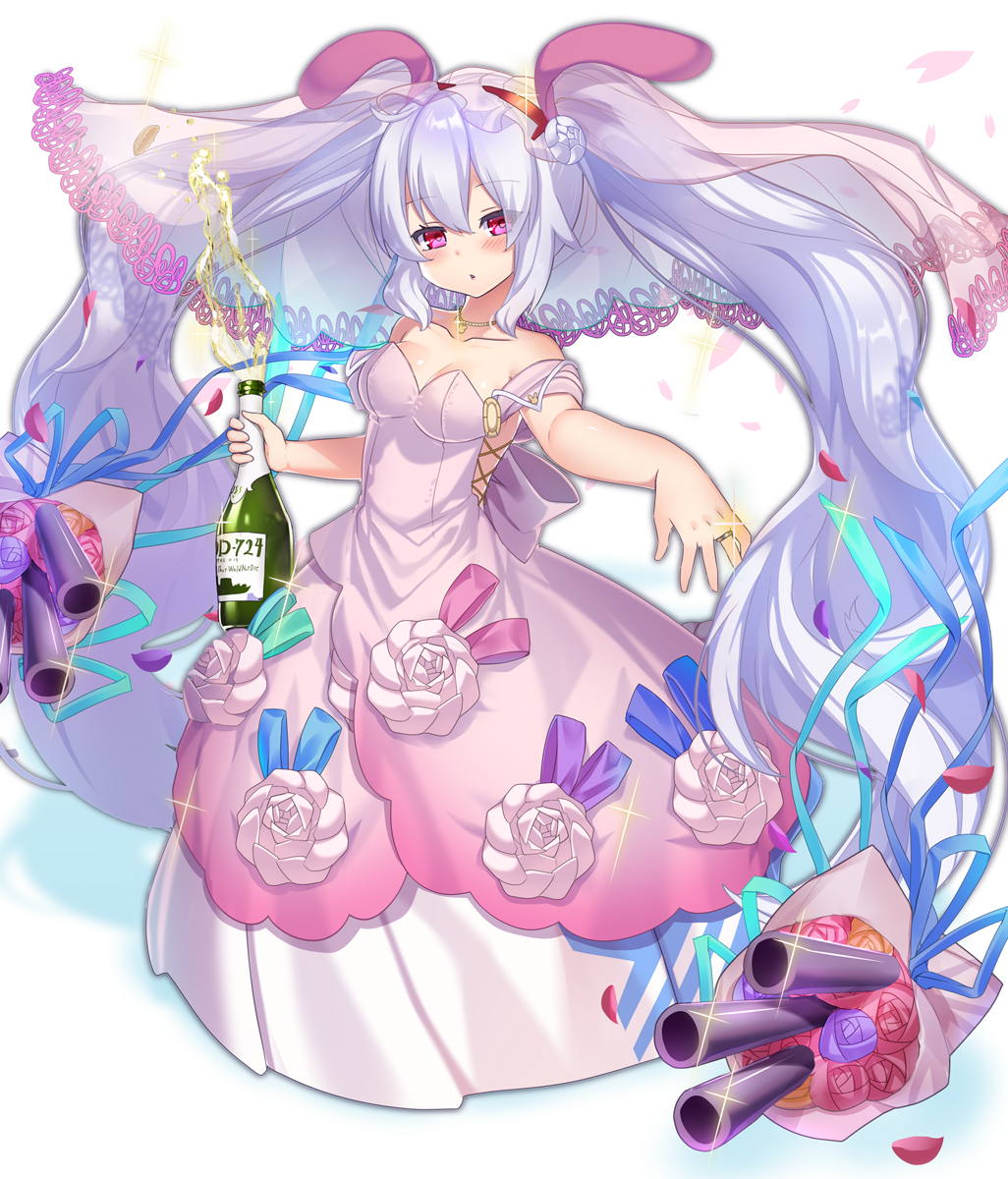 alcohol animal_ears azur_lane bangs bare_shoulders blue_ribbon blush bottle bouquet breasts bunny_ears champagne champagne_bottle collarbone commentary_request dress eyebrows_visible_through_hair flower glint hair_between_eyes hair_flower hair_ornament hairband head_tilt highres holding holding_bottle jewelry laffey_(azur_lane) long_hair looking_at_viewer medium_breasts necklace nyori petals pink_dress pink_flower pink_rose purple_eyes purple_flower purple_rose red_hairband ribbon ring rose see-through silver_hair solo strapless strapless_dress twintails veil very_long_hair wedding_band white_background white_flower white_rose yellow_flower yellow_rose