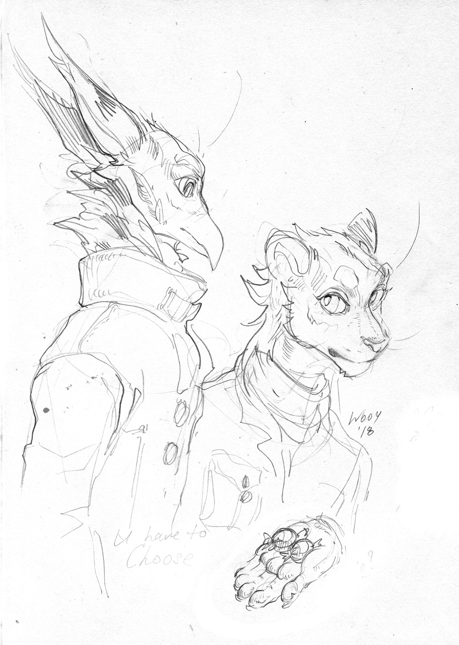 2018 anthro avian bird candy clothed clothing duo feline female food greyscale gryphon lion male mammal monochrome pawpads sketch smile whiskers wooy