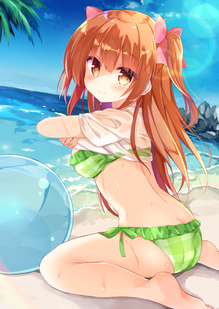 ball bangs bare_legs barefoot beach beachball bikini blue_sky blush bow breasts brown_eyes brown_hair butt_crack closed_mouth cloud commentary_request day dutch_angle eyebrows_visible_through_hair frilled_bikini frills green_bikini hair_between_eyes hair_bow head_tilt horizon kujou_danbo long_hair looking_at_viewer looking_to_the_side md5_mismatch medium_breasts ocean original outdoors pink_bow plaid plaid_bikini sand see-through shirt shirt_lift short_sleeves side-tie_bikini sidelocks sitting sky smile soles solo swimsuit transparent two_side_up very_long_hair wariza water wet wet_clothes wet_shirt white_shirt