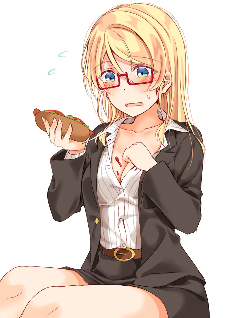 ayase_eli belt bespectacled black_jacket black_skirt blonde_hair blue_eyes blush breasts cleavage clenched_hand collarbone collared_shirt commentary_request eyebrows_visible_through_hair flying_sweatdrops food food_on_body food_on_breasts formal glasses hair_down holding holding_food hot_dog jacket long_hair long_sleeves love_live! love_live!_school_idol_project miniskirt mogu_(au1127) open_mouth pinstripe_pattern red-framed_eyewear semi-rimless_eyewear shirt simple_background skirt skirt_suit solo spill striped striped_shirt suit sweatdrop under-rim_eyewear vertical-striped_shirt vertical_stripes white_background