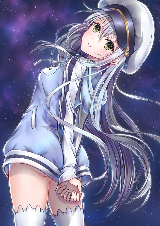 arms_behind_back ass blue_dress commentary_request dress from_behind green_eyes hands_together hat head_tilt hood hoodie_dress hoshimaemi island_(game) leaning_back long_hair looking_back night night_sky ohara_rinne peaked_cap short_dress sky smile solo star_(sky) thighhighs very_long_hair white_legwear zettai_ryouiki