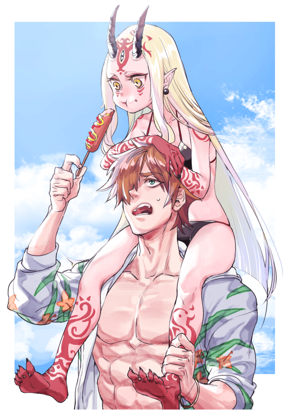 1girl :t ankle_grab barefoot bikini black_bikini blonde_hair carrying commentary_request d: earrings eating facial_mark fate/grand_order fate_(series) floral_print food food_on_face forehead_mark hair_over_one_eye hamitamako hands_on_another's_head hood hoodie horns hot_dog ibaraki_douji_(fate/grand_order) ibaraki_douji_(swimsuit_lancer)_(fate) jewelry ketchup leg_tattoo long_hair muscle mustard oni_horns open_clothes open_hoodie open_mouth pointy_ears print_hoodie robin_hood_(fate) sharing_food sharp_toenails shirtless shoulder_carry summer_hunter sweatdrop swimsuit tattoo toenails very_long_hair