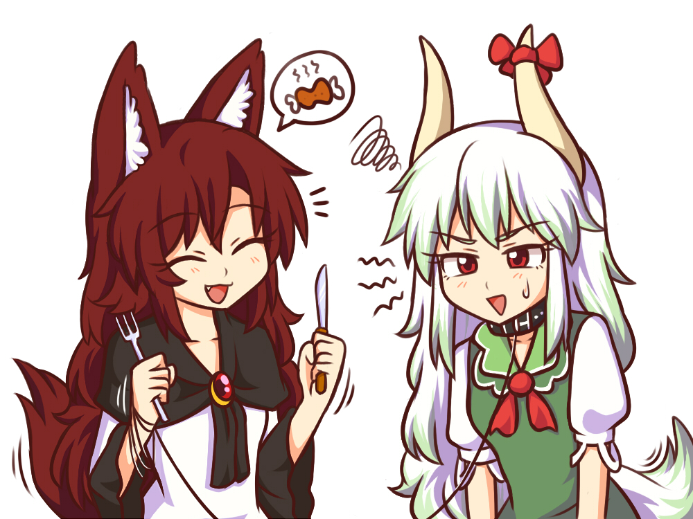 :d ^_^ animal_ear_fluff animal_ears bangs black_collar boned_meat bow brooch brown_hair closed_eyes collar collarbone commentary dress english_commentary ex-keine eyebrows_visible_through_hair food fork green_dress green_hair hair_between_eyes holding holding_fork holding_knife horn_bow horns imaizumi_kagerou jewelry kamishirasawa_keine knife leash long_hair long_sleeves meat multicolored_hair multiple_girls open_mouth pinafore_dress puffy_short_sleeves puffy_sleeves red_bow red_eyes red_neckwear shirt short_sleeves simple_background smile spoken_food squiggle streaked_hair sweat tail touhou upper_body v-shaped_eyebrows very_long_hair white_background white_dress white_hair white_shirt wide_sleeves wolf_ears wolf_tail wool_(miwol)