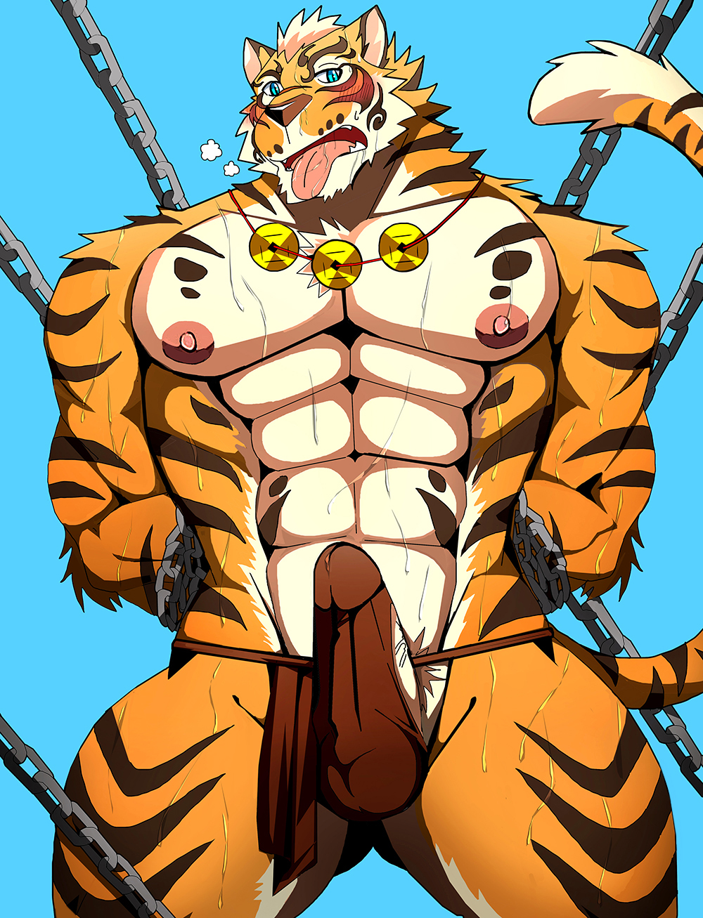 2018 abs anthro bearlovestiger13 blush clothed clothing fundoshi fur japanese_clothing lin_hu male muscular muscular_male nekojishi nipples pecs penis solo striped_fur stripes sweat tongue tongue_out topless underwear