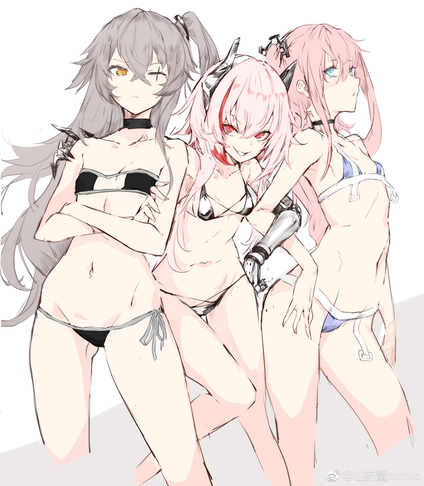 3girls absurdres bikini blue_eyes blush breasts choker contrapposto cowboy_shot crossed_arms eyebrows_visible_through_hair eyepatch_bikini fang flat_chest from_side girls_frontline gluteal_fold greyscale hair_between_eyes hand_on_another's_shoulder hand_on_hip headgear highres locked_arms long_hair looking_at_viewer m4_sopmod_ii_(girls_frontline) monochrome multicolored_hair multiple_girls navel one_eye_closed one_side_up open_mouth parted_lips pink_hair prosthesis prosthetic_arm red_eyes red_hair scar scar_across_eye shanyao_jiang_tororo side-tie_bikini sidelocks silver_hair simple_background small_breasts smile st_ar-15_(girls_frontline) string_bikini swimsuit thighs ump45_(girls_frontline) yellow_eyes