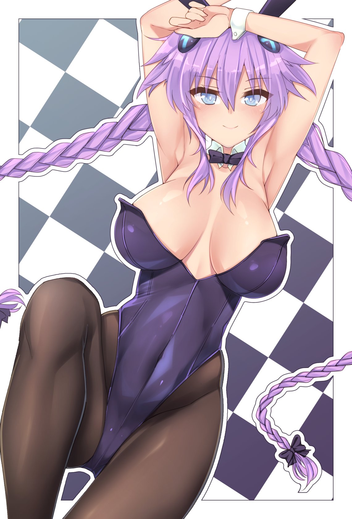 animal_ears armpits arms_up blue_eyes blush braid breasts bunny_day bunny_ears bunnysuit checkered checkered_background commentary_request covered_navel cuffs detached_collar dura hair_between_eyes hair_ribbon handcuffs highres large_breasts long_hair looking_at_viewer neptune_(series) pantyhose power_symbol purple_hair purple_heart ribbon skin_tight smile solo symbol-shaped_pupils twin_braids twintails very_long_hair