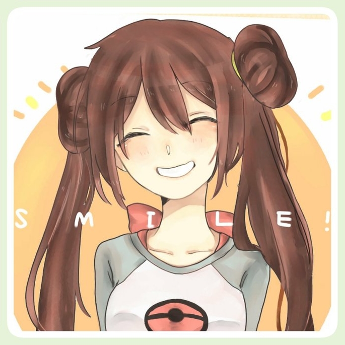 10s 1girl artist_request blush brown_hair collarbone creatures_(company) double_bun eyes_closed game_freak highres long_hair mei_(pokemon) nintendo pokemon pokemon_(game) pokemon_bw2 raglan_sleeves smile solo source_request text_focus twintails