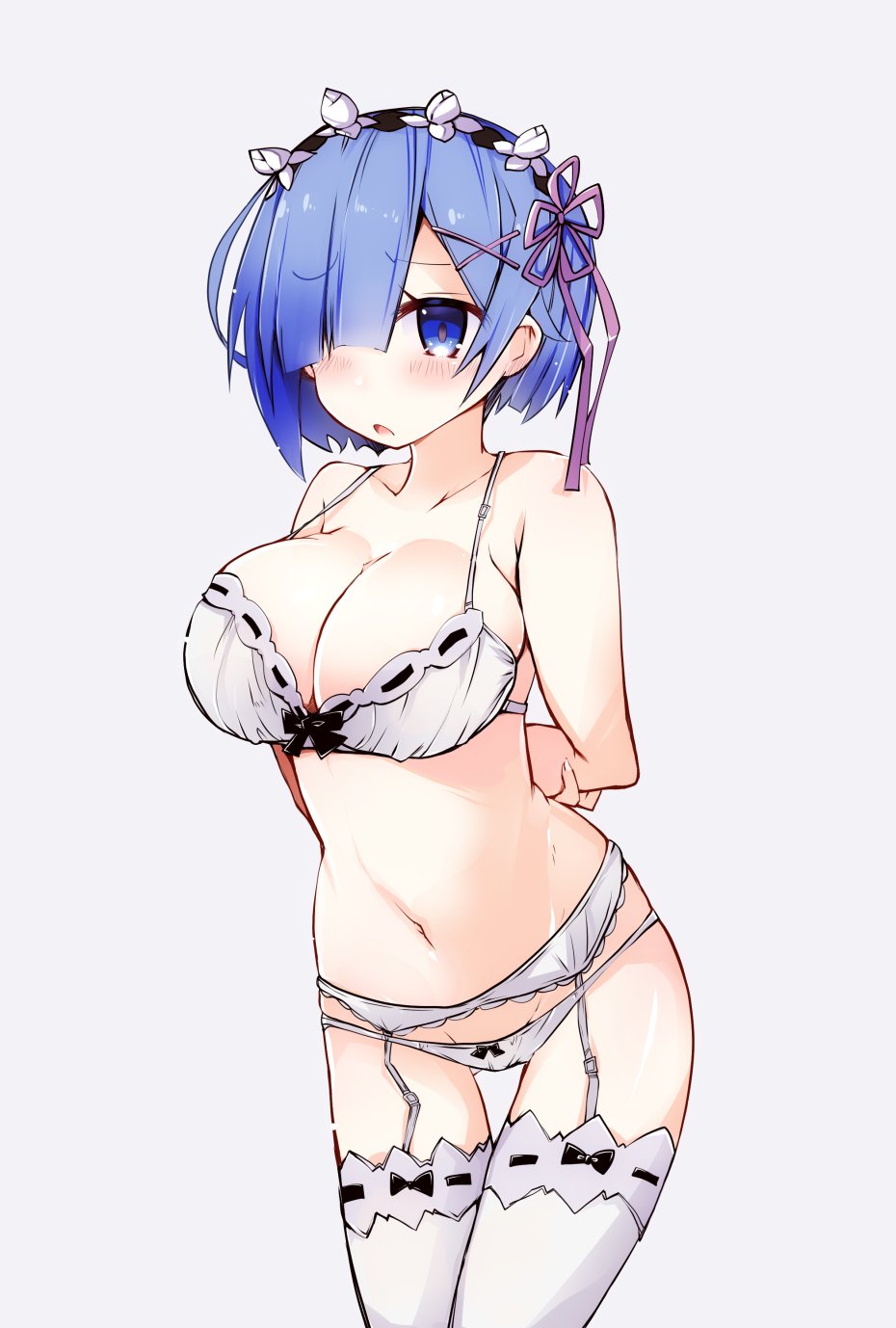 arms_behind_back ass_visible_through_thighs blue_eyes blue_hair bow bow_bra bow_legwear bow_panties bra breasts cleavage commentary_request cowboy_shot eyebrows_visible_through_hair frown garter_belt grey_background hair_ornament hair_over_one_eye hair_ribbon headdress highres large_breasts leaning_forward lingerie looking_at_viewer navel open_mouth panties purple_ribbon re:zero_kara_hajimeru_isekai_seikatsu rem_(re:zero) ribbon shirogane_(platinum) simple_background skindentation solo standing thigh_gap thighhighs underwear white_bra white_legwear white_panties x_hair_ornament