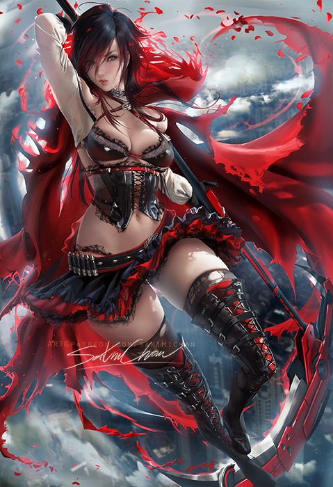 1girl ammunition ammunition_belt arm_up bangs belt belt_buckle black_hair blade boots breasts buckle cape closed_mouth corset crescent_rose facing_viewer floating_cape full_body gothic_lolita gradient_hair hair_over_one_eye highres holding holding_scythe holding_weapon hood lolita_fashion looking_at_viewer medium_breasts multicolored_hair navel older petals red_cape red_hair rose_petals ruby_rose rwby sakimichan scythe short_hair silver_eyes skirt smile solo thigh_boots thighhighs torn_cape torn_clothes two-tone_hair weapon
