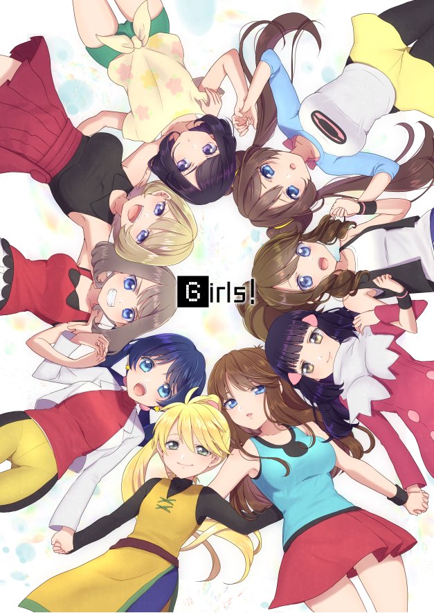 arm_over_shoulder armpits bangs black_hair black_legwear black_vest black_wristband blonde_hair blue_(pokemon) blue_eyes blue_hair blue_topwear blush breasts brown_eyes coat commentary_request crotch crystal_(pokemon) double_bun everyone facing_viewer fingers_together floral_print green_eyes green_shorts grey_eyes hand_on_back holding_hands interlocked_fingers locked_arms long_hair long_sleeves looking_at_viewer lying mokorei moon_(pokemon) multiple_girls odamaki_sapphire on_back open_mouth pantyhose platinum_berlitz pleated_skirt pokemon pokemon_special ponytail red_coat red_skirt scarf shirt short_hair shorts simple_background skirt smile tied_shirt twintails vest whi-two_(pokemon) white_(pokemon) white_background y_na_gaabena yellow_(pokemon) yellow_shorts yuri