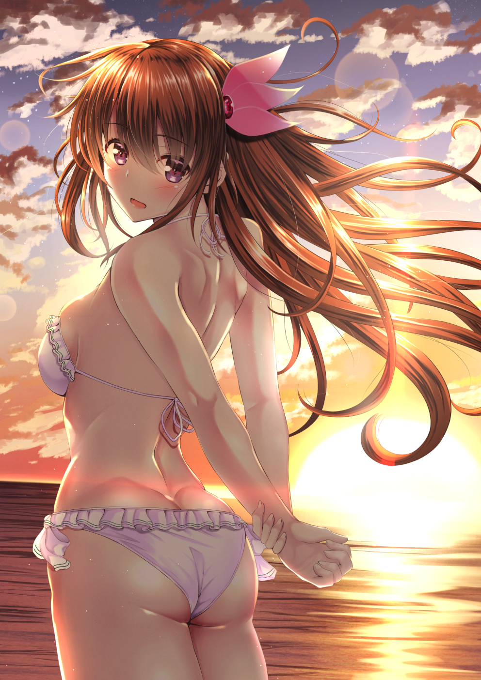 arms_behind_back ass back backpack bag bangs bare_shoulders beach bikini blush brown_hair butt_crack cloud cloudy_sky commentary_request dimples_of_venus eyebrows_visible_through_hair floating_hair frilled_bikini frills hair_between_eyes hair_ornament halter_top halterneck highres kantai_collection kisaragi_(kantai_collection) light_particles long_hair looking_at_viewer looking_back ocean open_mouth outdoors pink_bikini purple_eyes remodel_(kantai_collection) shoulder_blades sidelocks sky smile solo sunset swimsuit takamichis211 thighs twisted_torso wind