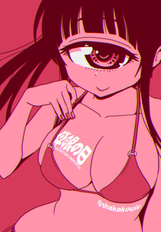 bangs blunt_bangs breasts closed_mouth commentary_request copyright_name cyclops fingernails hand_up hitomi_sensei_no_hokenshitsu large_breasts long_hair looking_at_viewer manaka_hitomi monochrome nail_polish one-eyed red red_eyes red_nails shake-o smile solo twitter_username upper_body