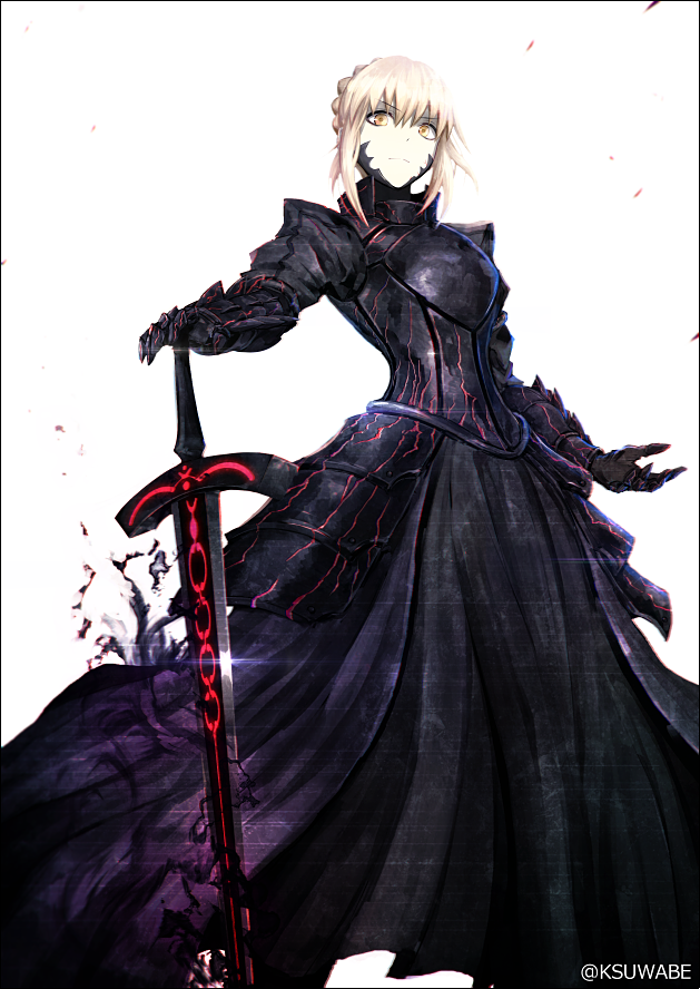 armor armored_dress artoria_pendragon_(all) black_armor black_dress black_gloves blonde_hair closed_mouth dark_excalibur dress fate/stay_night fate_(series) feet_out_of_frame gloves kei-suwabe looking_at_viewer saber_alter short_hair simple_background solo sword twitter_username weapon white_background yellow_eyes