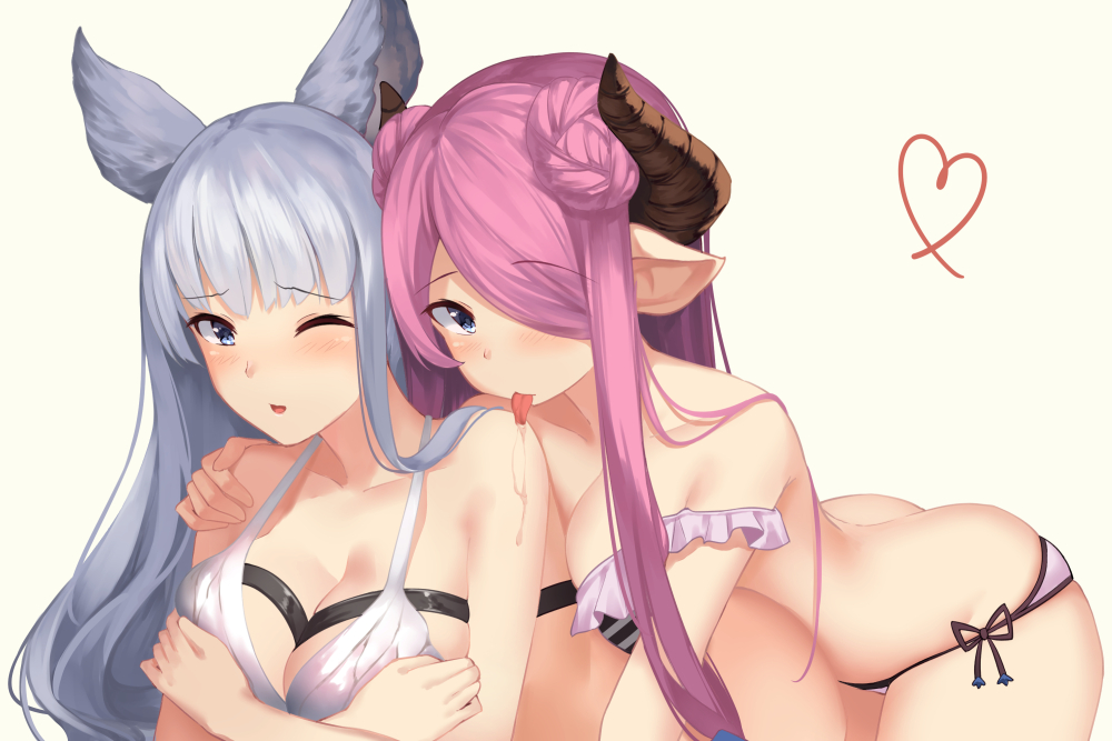 animal_ears arms_under_breasts ass bangs beige_background bikini blue_eyes blush breast_hold breasts cleavage collarbone commentary_request draph erune eyebrows_visible_through_hair frilled_bikini frills granblue_fantasy hair_over_one_eye halter_top halterneck hand_on_shoulder heart horizontal_stripes horns korwa large_breasts licking_shoulder long_hair looking_at_viewer multiple_girls narmaya_(granblue_fantasy) one_eye_closed open_mouth pointy_ears purple_hair saliva side-tie_bikini side-tie_bottom silver_hair simple_background striped striped_bikini suzuame_yatsumi swimsuit tongue tongue_out white_bikini