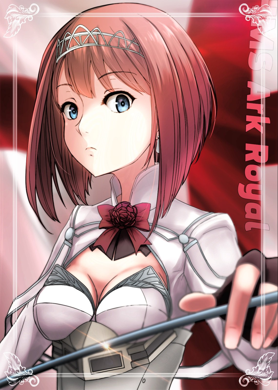 ark_royal_(kantai_collection) bangs blue_eyes blunt_bangs blurry bob_cut breasts brown_gloves character_name cleavage cleavage_cutout commentary_request depth_of_field english_flag fingerless_gloves flower gloves hairband highres kantai_collection long_sleeves looking_at_viewer medium_breasts nuka_(nvkka) red_flower red_hair red_ribbon red_rose ribbon rose short_hair solo stick tiara upper_body
