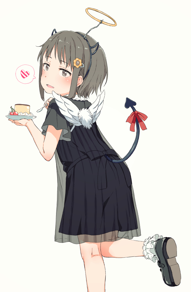 :d ano_ko_wa_toshi_densetsu black_bow black_dress black_footwear blush bobby_socks bow brown_background brown_eyes brown_hair demon_tail dress fake_halo fake_horns fang fangs flower food gomennasai hair_flower hair_ornament hairclip holding holding_spoon leaning_forward looking_at_viewer looking_back mary_janes open_mouth orange_flower pleated_dress pudding red_bow see-through shoe_soles shoes short_hair simple_background smile socks solo spoon standing standing_on_one_leg tail tail_bow white_legwear zangyaku-san
