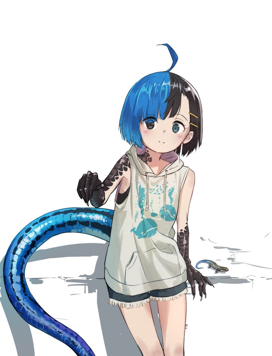 ahoge bare_arms bare_shoulders black_eyes black_hair black_shorts blue_eyes blue_hair blush claws closed_mouth commentary_request cowboy_shot cutoffs denim denim_shorts eyes_visible_through_hair hair_ornament hairclip hand_up heterochromia hood hood_down hoodie japanese_skink japanese_skink_(kamemaru) kamemaru lizard lizard_girl lizard_tail looking_at_viewer monster_girl multicolored_hair original scales short_hair short_shorts shorts sleeveless sleeveless_hoodie smile solo standing tail two-tone_hair