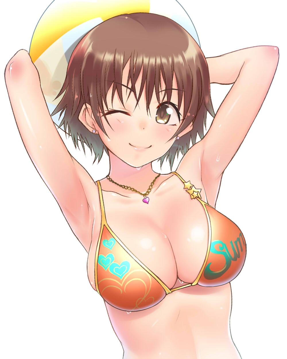 ;d armpits ball beachball breasts brown_eyes brown_hair cleavage collarbone earrings eyebrows_visible_through_hair hair_between_eyes heart heart_necklace highres holding holding_ball honda_mio idolmaster idolmaster_cinderella_girls jewelry large_breasts looking_at_viewer one_eye_closed open_mouth orange_bikini_top print_bikini_top shiny shiny_hair shirota_mizuki short_hair simple_background smile solo upper_body wet white_background