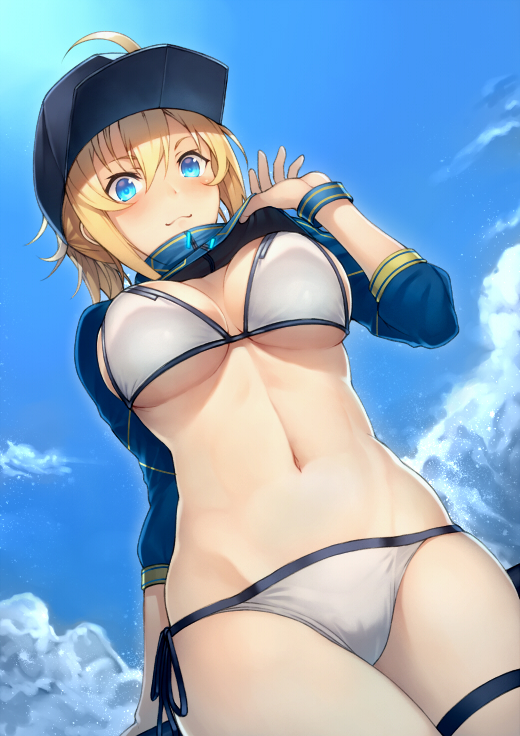 :3 ahoge artoria_pendragon_(all) banned_artist baseball_cap bikini blonde_hair blue_eyes blue_hat blue_sky blush breasts closed_mouth cloud commentary_request day fate/grand_order fate_(series) hair_through_headwear hat kyoeiki large_breasts looking_at_viewer mysterious_heroine_xx_(foreigner) navel ponytail short_hair shrug_(clothing) sky solo swimsuit white_bikini