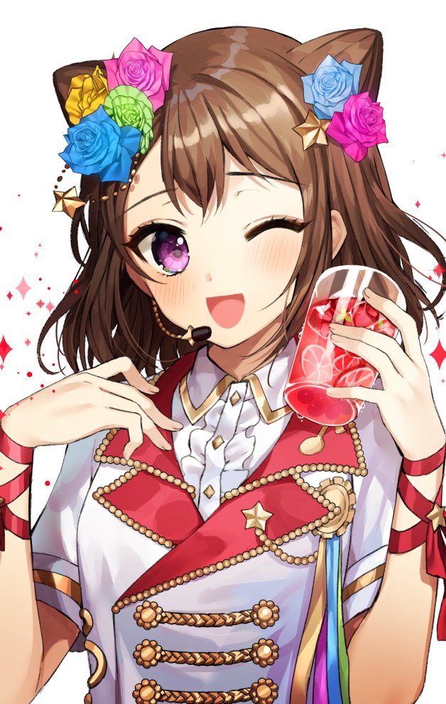 ;d bad_id bad_twitter_id bang_dream! blue_flower blue_rose blush brown_hair commentary_request cup double_bun drinking_glass eyelashes flower gambe green_flower green_rose hair_flower hair_ornament hands_up holding holding_cup jacket looking_at_viewer microphone one_eye_closed open_mouth pink_flower pink_rose purple_eyes rose short_hair smile solo star star_hair_ornament toyama_kasumi upper_body white_background wing_collar wristband yellow_flower yellow_rose