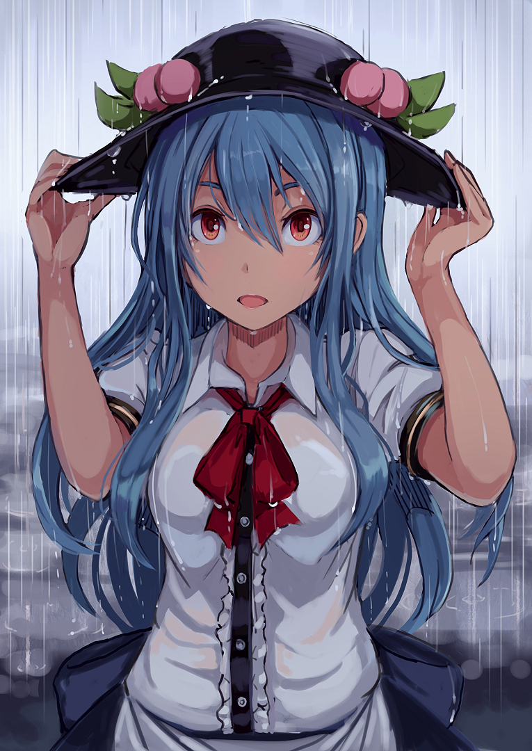 bangs black_hat black_skirt blouse blue_hair breasts center_frills commentary_request food fruit hair_between_eyes hands_on_headwear hands_up hat hinanawi_tenshi leaf long_hair looking_at_viewer medium_breasts neck_ribbon opanchu_(hakusen) open_mouth peach puffy_short_sleeves puffy_sleeves rain red_eyes red_neckwear red_ribbon ribbon shirt short_sleeves sidelocks skirt solo touhou upper_body wet wet_clothes wet_shirt white_blouse wing_collar