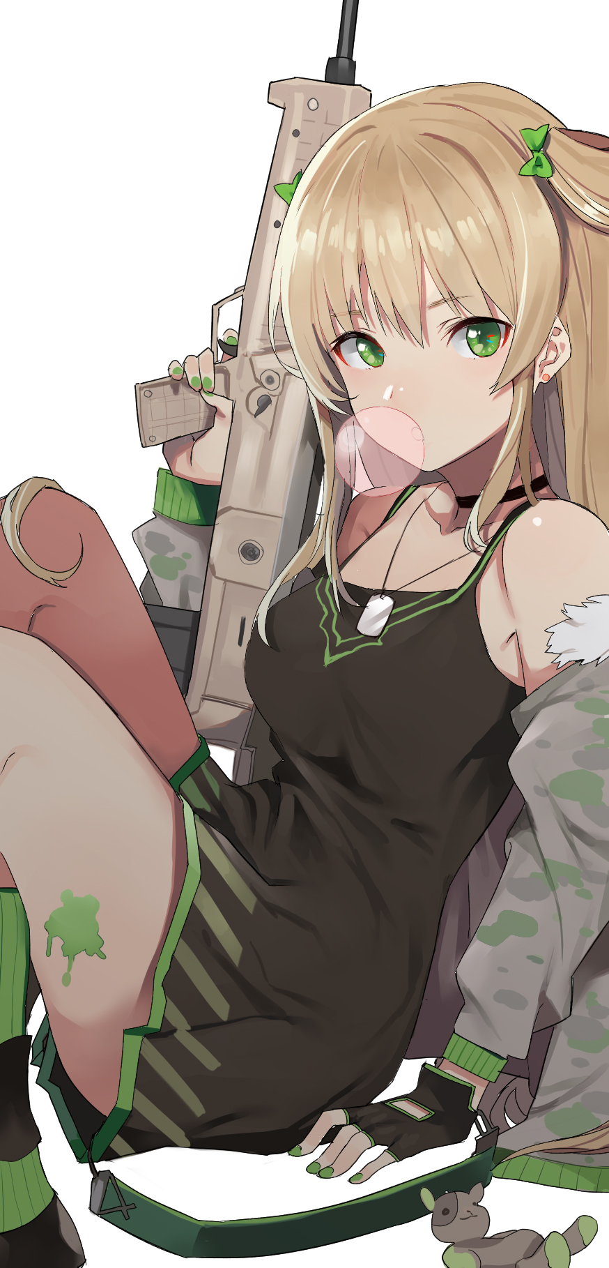 arm_support assault_rifle bangs black_dress black_gloves black_legwear bow brown_hair bubble_blowing bullpup camisole camouflage_coat chewing_gum choker coat commentary dog_tags dress earrings eyebrows_visible_through_hair finger_on_trigger fingerless_gloves fur-trimmed_coat fur_trim girls_frontline gloves green_bow green_eyes green_legwear green_nails gun hair_between_eyes hair_bow highres holding holding_gun holding_weapon jewelry kel-tec kel-tec_rfb kneehighs knees_up long_hair nail_polish off_shoulder paint_splatter pinch_(nesume) rfb_(girls_frontline) rifle short_dress sidelocks sitting solo striped striped_legwear stud_earrings trigger_discipline two_side_up weapon