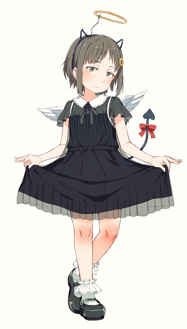 ano_ko_wa_toshi_densetsu beige_background black_dress black_footwear blush bobby_socks bow brown_eyes brown_hair closed_mouth demon_tail dress fake_halo fake_horns feathered_wings flower full_body gomennasai hair_flower hair_ornament head_tilt looking_at_viewer mary_janes orange_flower pleated_dress red_bow shoes simple_background skirt_hold socks solo standing tail tail_bow white_legwear white_wings wings zangyaku-san
