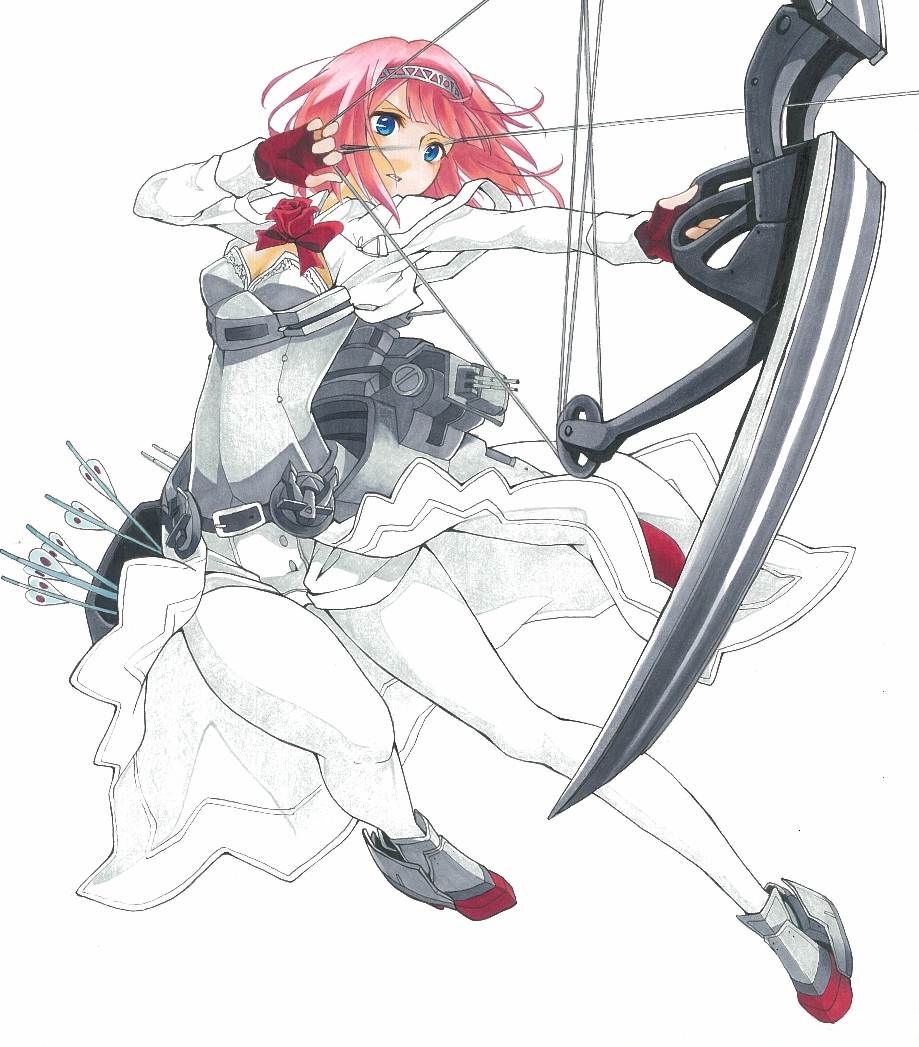 ark_royal_(kantai_collection) arrow bangs blue_eyes blunt_bangs bob_cut bow bow_(weapon) breasts cleavage_cutout commentary_request compound_bow fingerless_gloves flower gloves hairband kantai_collection machinery overskirt pantyhose quiver red_bow red_flower red_hair red_rose rigging rose ryuka_hirg short_hair shorts small_breasts solo weapon white_legwear white_shorts