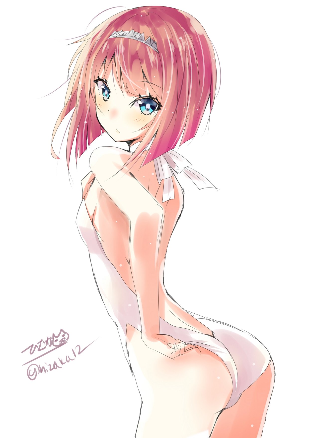 ark_royal_(kantai_collection) ass blue_eyes blush breasts closed_mouth commentary_request eyebrows_visible_through_hair highres hizaka kantai_collection looking_at_viewer one-piece_swimsuit red_hair short_hair simple_background small_breasts solo swimsuit tiara twitter_username white_background white_swimsuit