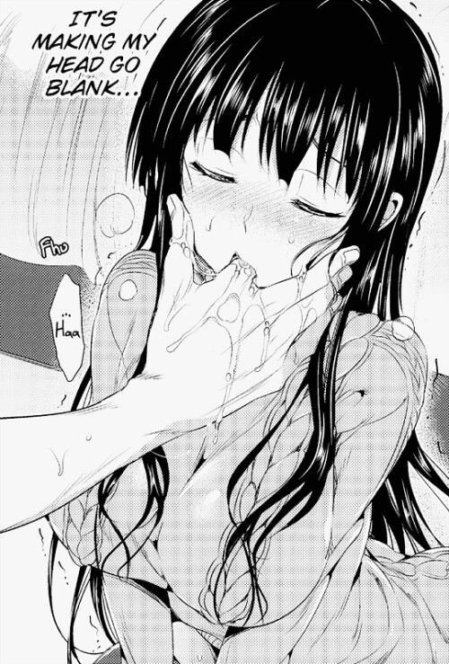 1girl black_and_white breasts eyes_closed finger_in_another's_mouth long_hair saliva spit sweat tagme