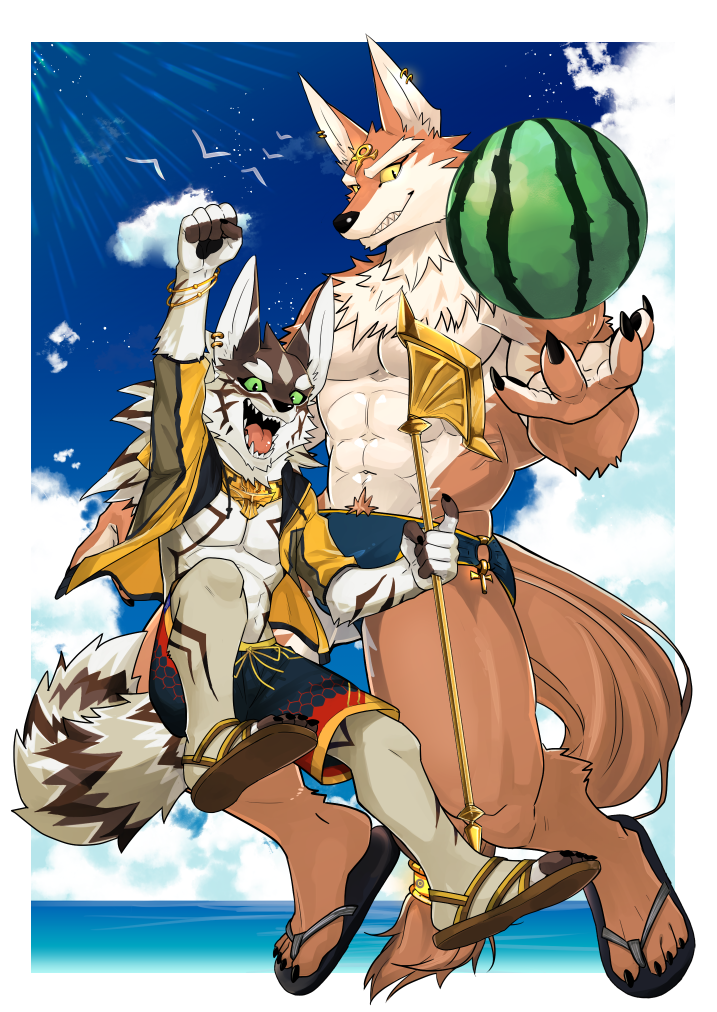 4_toes 5_fingers abs anthro canine chang52084 claws clothed clothing cloud duo egyptian_mythology fangs food fruit green_eyes jacket male mammal melon muscular muscular_male open_mouth pecs puzzle_&amp;_dragons sea set set_(p&amp;d) seth_(tas) sky teeth toe_claws toes tokyo_afterschool_summoners tongue topless tuft video_games water watermelon