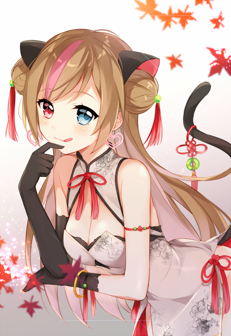 animal_ears asymmetrical_gloves autumn_leaves bare_shoulders black_gloves blue_eyes blush breasts cat_ears cat_girl cat_tail china_dress chinese_clothes cleavage closed_mouth commentary_request double_bun dress earrings elbow_gloves girls_frontline gloves gradient gradient_background grey_background grey_dress hair_ornament heart heart_earrings heterochromia jewelry leaf leafwow licking_lips light_brown_hair long_hair maple_leaf medium_breasts mk_23_(girls_frontline) multicolored_hair pelvic_curtain pink_hair red_eyes side_bun single_elbow_glove sleeveless sleeveless_dress solo streaked_hair tail tail_raised tongue tongue_out very_long_hair white_background
