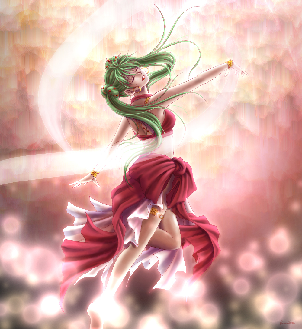 bracelet closed_eyes dancer dancing dress earrings fire_emblem fire_emblem:_seisen_no_keifu green_hair jewelry kimikahamu lipstick long_hair makeup midriff ribbon solo sylvia_(fire_emblem) twintails