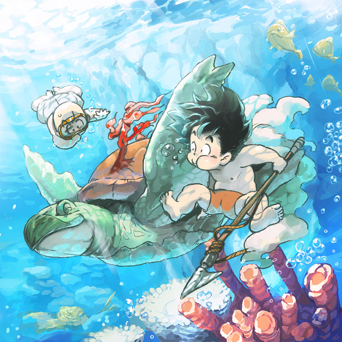 bald barefoot black_hair bubble closed_eyes diving_mask diving_mask_on_eyes dragon_ball dragon_ball_(classic) fish freediving goggles kuririn makumaku multiple_boys polearm sea_turtle shorts smile son_gokuu spear turtle umigame_(dragon_ball) underwater weapon younger
