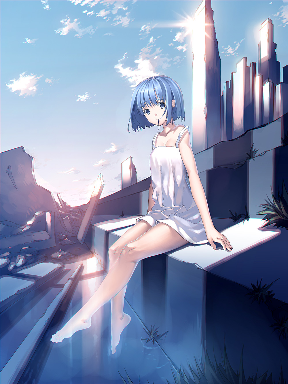 bad_id bad_pixiv_id bangs bare_arms barefoot blue_eyes blue_hair cloud day dress feet full_body hair_in_mouth highres joeian legs looking_at_viewer original outdoors ruins short_hair sitting sky sleeveless sleeveless_dress smile solo sundress tareme