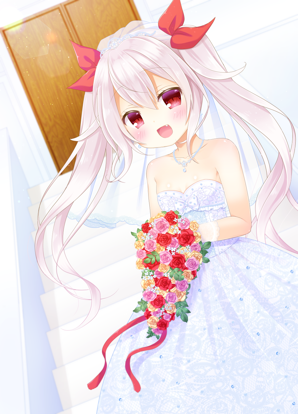 :d azur_lane bad_id bad_pixiv_id bangs bare_shoulders blue_dress blush bouquet breasts bridal_veil collarbone commentary_request door dress eyebrows_visible_through_hair fang flower hair_between_eyes hair_ribbon highres holding holding_bouquet jewelry long_hair looking_at_viewer necklace open_mouth pink_flower pink_rose pyonko_(pyonko_pyonko) red_eyes red_flower red_ribbon red_rose ribbon rose see-through silver_hair small_breasts smile solo stairs stone_stairs strapless strapless_dress twintails vampire_(azur_lane) veil very_long_hair yellow_flower yellow_rose