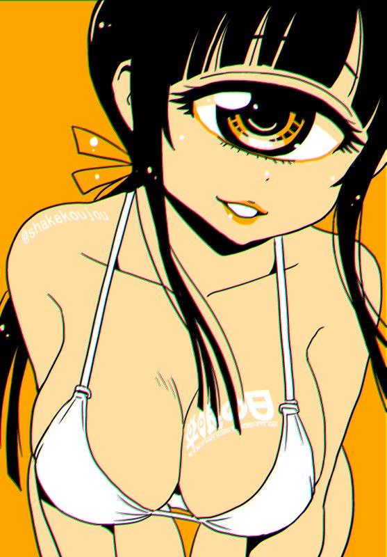 bangs bent_over bikini blunt_bangs breasts chromatic_aberration commentary_request cyclops hitomi_sensei_no_hokenshitsu large_breasts long_hair looking_at_viewer manaka_hitomi one-eyed orange_background parted_lips shake-o simple_background smile solo swimsuit twitter_username white_bikini
