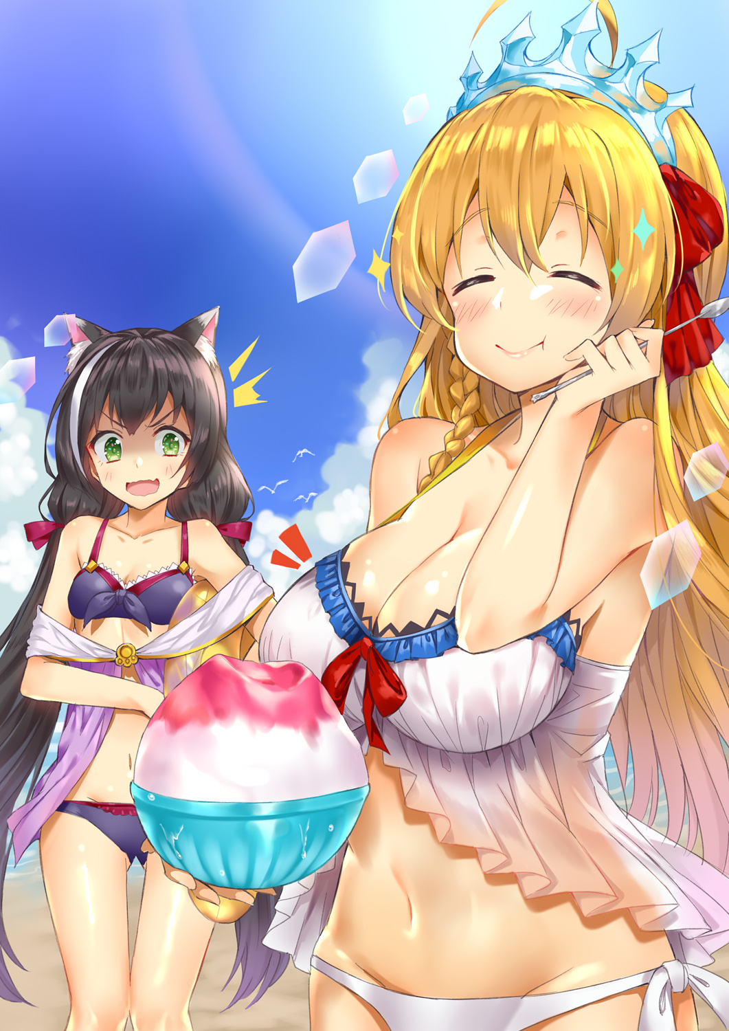 ahoge animal animal_ears ass_visible_through_thighs bangs bare_arms bare_shoulders beach bikini bird black_hair blonde_hair bow braid breast_envy breasts cat_ears cleavage closed_eyes closed_mouth cloud commentary_request day eyebrows_visible_through_hair facing_viewer food green_eyes hair_bow hair_ribbon halter_top halterneck highres holding holding_food holding_spoon kyaru_(princess_connect) large_breasts long_hair low_twintails multicolored_hair multiple_girls navel ocean open_mouth outdoors pecorine princess_connect! princess_connect!_re:dive purple_bikini purple_bow red_ribbon ribbon shaved_ice shiny shiny_skin shitou_(1992116210) side-tie_bikini side-tie_bottom small_breasts smile spoon standing streaked_hair swimsuit tareme tiara twintails very_long_hair white_bikini white_hair