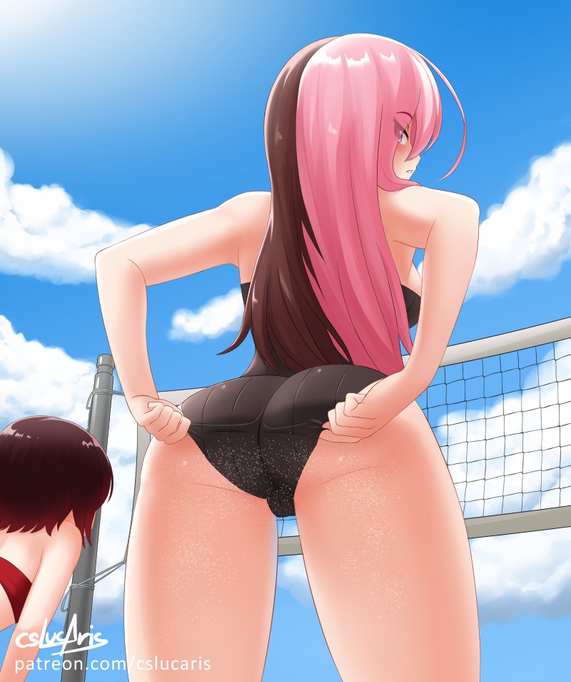 2girls adjusting_clothes adjusting_swimsuit ass bare_shoulders bikini black_hair blush breasts brown_hair cslucaris from_behind from_below gradient_hair large_breasts long_hair looking_back looking_down multicolored_hair multiple_girls neo_(rwby) open_mouth pink_eyes pink_hair red_hair ruby_rose rwby shiny shiny_hair shiny_skin short_hair sideboob swimsuit very_long_hair