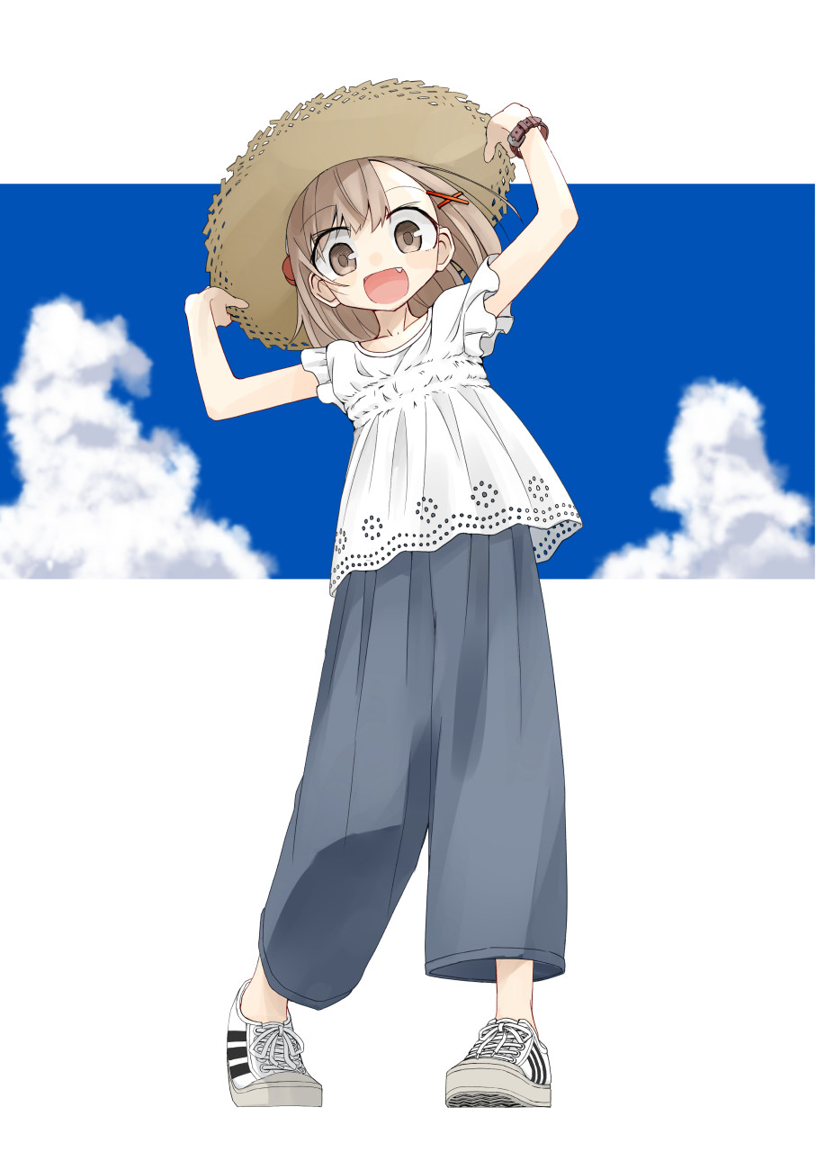 :d arms_up bangs blouse blue_sky blush brown_eyes brown_hat cloud commentary_request day eyebrows_visible_through_hair fang full_body grey_pants hair_between_eyes hair_ornament hairclip hands_on_headwear hat highres leaning_to_the_side light_brown_hair open_mouth original pants shoes sky smile sneakers solo standing straw_hat usui_harusame watch white_blouse white_footwear wristwatch x_hair_ornament