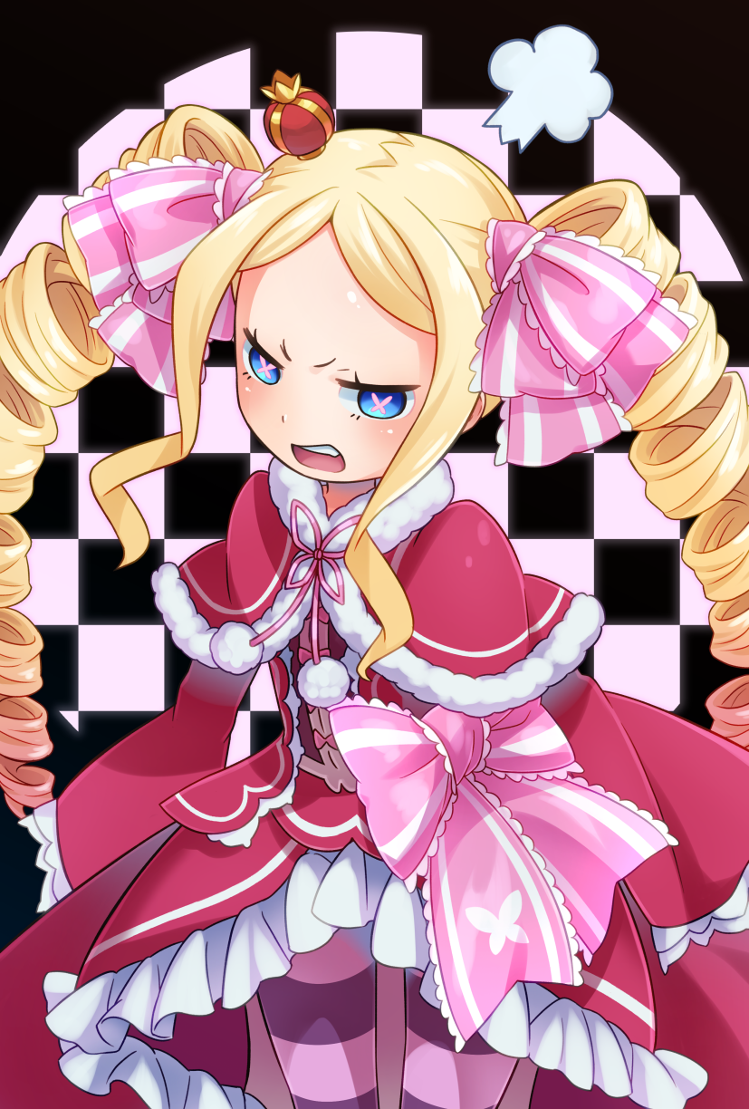 =3 abiko_yuuji bangs beatrice_(re:zero) blonde_hair blue_eyes blush bow capelet checkered checkered_background crown drill_hair fur-trimmed_capelet fur_trim hair_bow highres horizontal_stripes lolita_fashion long_hair long_sleeves looking_at_viewer mini_crown open_mouth pantyhose parted_bangs pink_bow pink_pupils pom_pom_(clothes) re:zero_kara_hajimeru_isekai_seikatsu red_capelet solo striped striped_bow striped_legwear teeth tilted_headwear twin_drills v-shaped_eyebrows