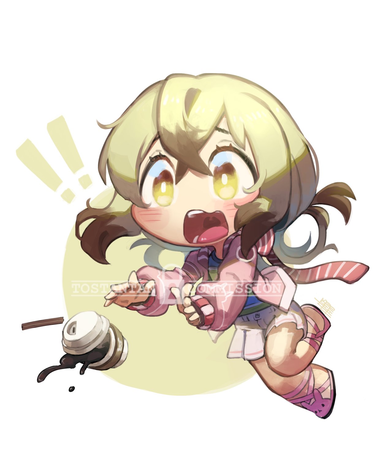 1girl blonde_hair bright_pupils chibi commentary d: english_commentary falling full_body highres jacket long_sleeves open_clothes open_jacket open_mouth original pink_jacket pleated_skirt sandals scarf shirt skirt solo spill tostantan watermark white_skirt yellow_eyes