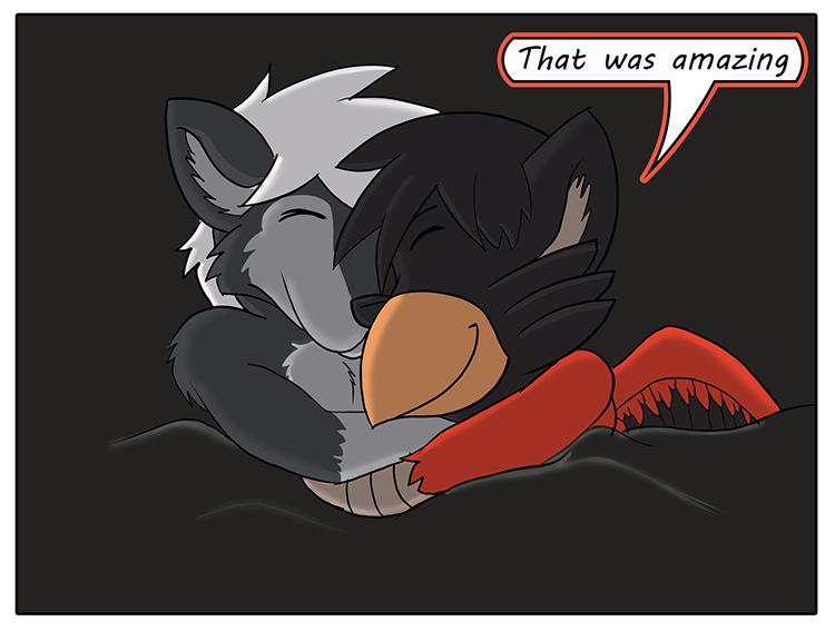 avian beak bed black_fur canine chibi colrblnd_(artist) comic cuddling cute days_felter dog duzt_(artist) feathers fur grey_fur gryphon malamute male male/male mammal measureup red_fur text walter_moss wings