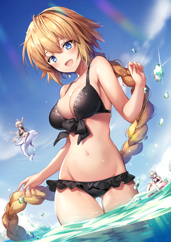 :d afloat ahoge arm_up ass_visible_through_thighs bare_arms bare_shoulders bikini black_bikini black_ribbon blonde_hair blue_eyes blue_sky blush braid breasts character_request cleavage collarbone commentary_request day dolphin dutch_angle eating fate/grand_order fate_(series) food frilled_bikini_bottom front-tie_bikini front-tie_top grey_hair groin hair_between_eyes innertube jeanne_d'arc_(alter_swimsuit_berserker) jeanne_d'arc_(fate)_(all) jeanne_d'arc_(swimsuit_archer) large_breasts long_hair looking_at_viewer multiple_girls navel ocean open_mouth outdoors popsicle ribbon riding riichu shiny shiny_hair short_hair single_braid sitting sky smile solo_focus string_bikini swimsuit thigh_gap thighs very_long_hair wading water water_drop