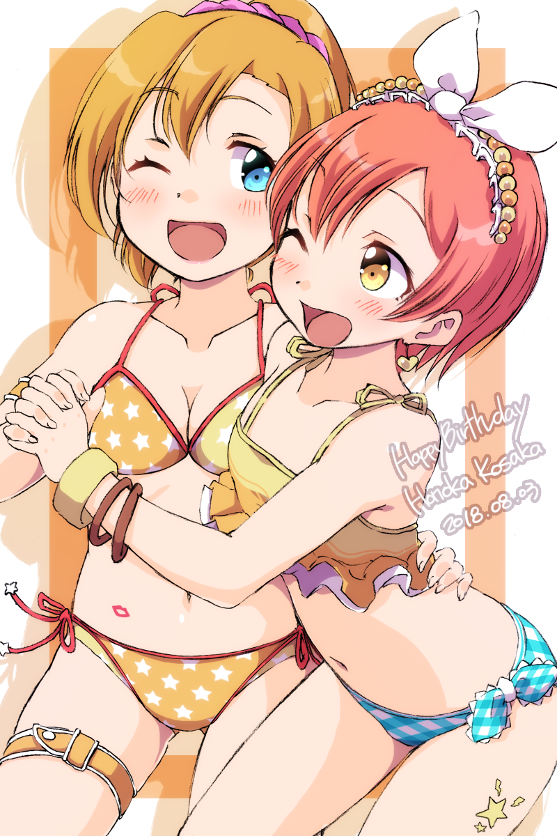 ;d alternate_hairstyle arm_around_waist armband bangs bikini blue_bikini_bottom blue_eyes breasts character_name cleavage collarbone dated earrings eyebrows_visible_through_hair flat_chest hair_ornament hair_ribbon hair_scrunchie hairband halterneck happy_birthday heart heart_earrings highres holding_hands hoshizora_rin interlocked_fingers jewelry kousaka_honoka leg_tattoo legband love_live! love_live!_school_idol_project medium_breasts midriff multiple_girls navel one_eye_closed open_mouth orange_bikini orange_hair pink_scrunchie plaid plaid_bikini ponytail print_bikini ribbon scrunchie sen_(sen0910) short_hair side-tie_bikini smile star star_print stomach_tattoo swimsuit tattoo yellow_eyes