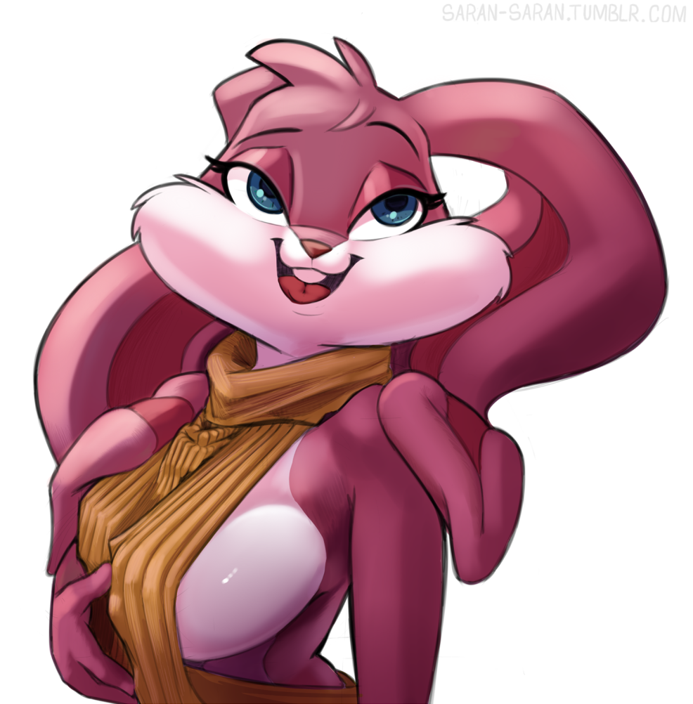 2018 aged_up anthro babs_bunny blue_eyes breasts buckteeth countershade_torso countershading eyelashes female fur half-closed_eyes hi_res lagomorph mammal mature_female pink_fur pink_nose pinup pose rabbit saran-rape simple_background solo teeth tiny_toon_adventures warner_brothers white_background