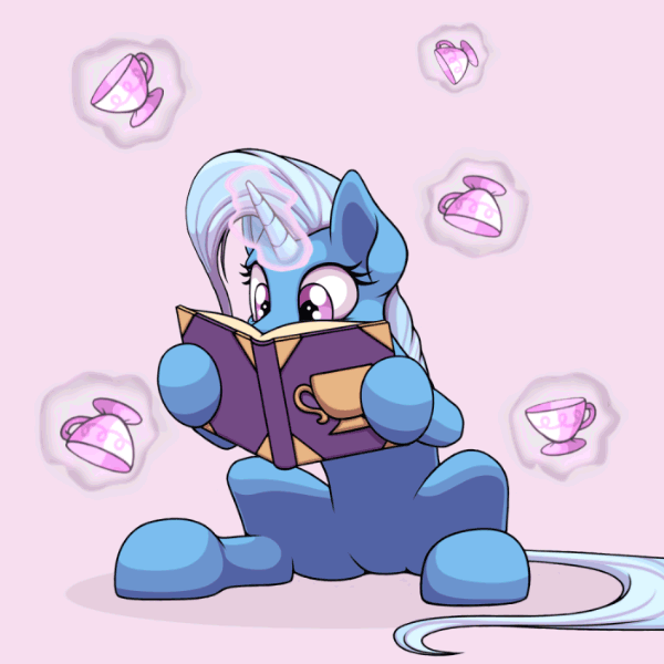 2018 animated blinking blue_hair book cup cute edit equine eyelashes eyes_closed female feral friendship_is_magic glowing_horn hair holding_object hooves horn levitation magic mammal multicolored_hair my_little_pony nude ohemo portrait purple_background purple_eyes reading simple_background sitting solo szafir87 tea_cup trixie_(mlp) two_tone_hair unicorn