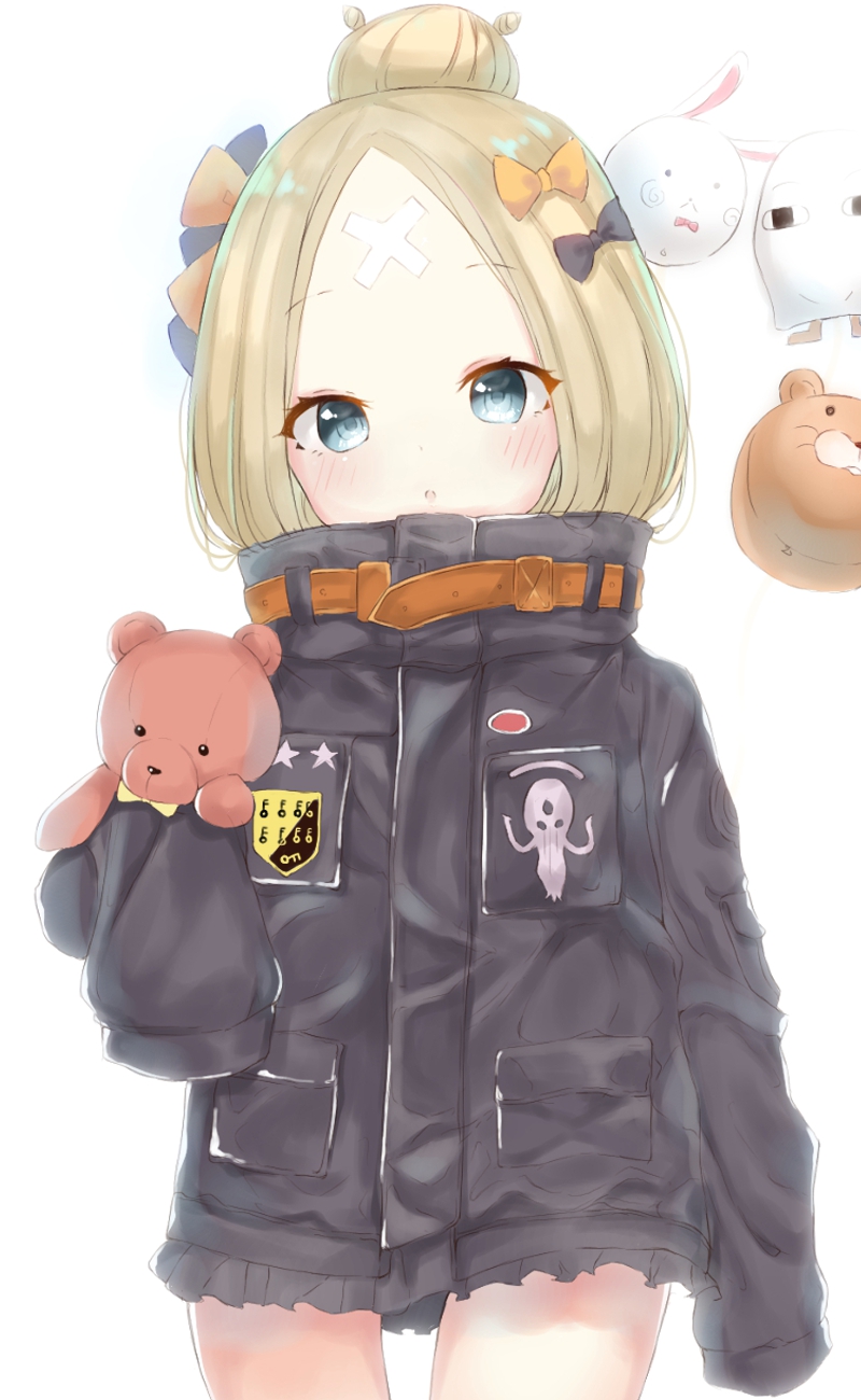 :o abigail_williams_(fate/grand_order) balloon bangs black_bow black_jacket blonde_hair blue_eyes blush bow cowboy_shot crossed_bandaids eyebrows_visible_through_hair fate/grand_order fate_(series) fou_(fate/grand_order) hair_bow hair_bun head_tilt highres jacket key long_hair long_sleeves looking_at_viewer medjed object_hug orange_bow parted_bangs parted_lips parusu_(ehyfhugj) simple_background sleeves_past_fingers sleeves_past_wrists solo star stuffed_animal stuffed_toy teddy_bear white_background