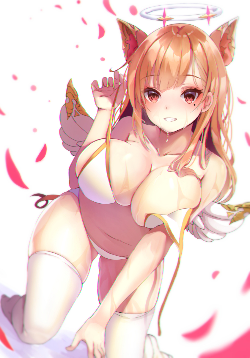 amahara_pekozaemon animal_ears bikini bikini_pull blush breasts brown_eyes brown_hair cleavage halo hand_up highres kneeling large_breasts long_hair looking_at_viewer navel parted_lips petals shadowverse smile solo swimsuit thighhighs untied untied_bikini wet white_legwear wings