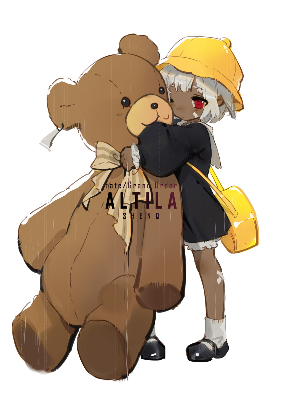 altera_(fate) alternate_costume bag bangs black_dress black_footwear character_name copyright_name dark_skin dress eyebrows_visible_through_hair fate/extella fate/extra fate_(series) handkerchief hat highres mary_janes red_eyes shenq shoes short_hair simple_background socks solo stuffed_animal stuffed_toy tan teddy_bear white_background white_hair